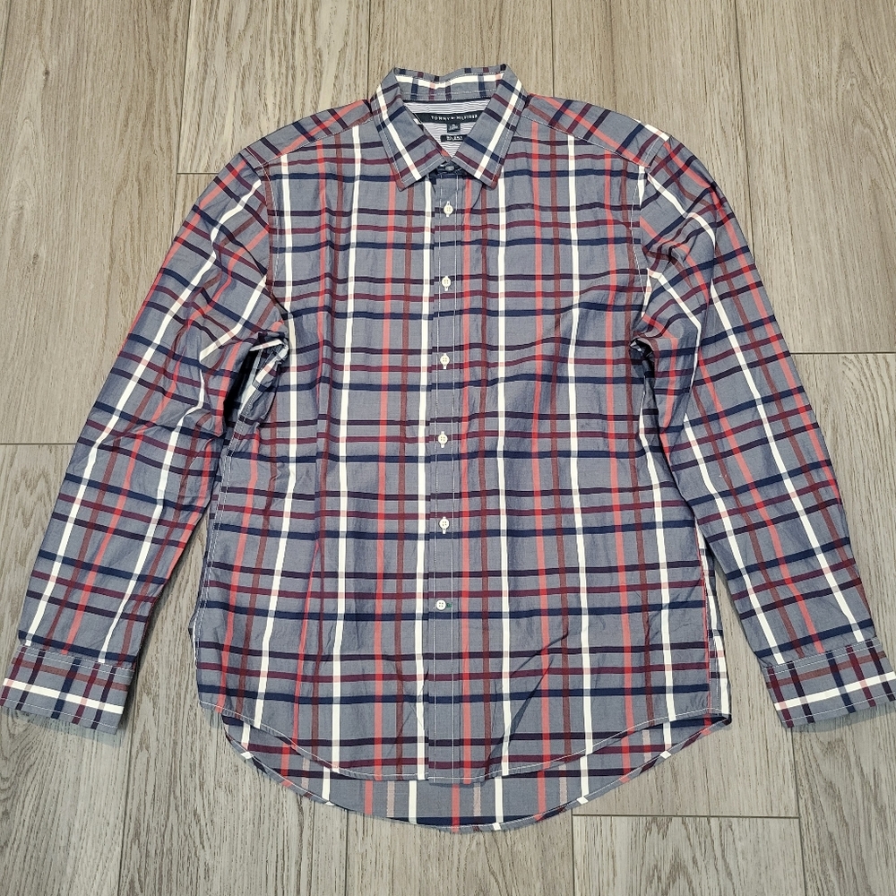 Tommy Hilfiger Men's Plaid Shirt - Blue and Red